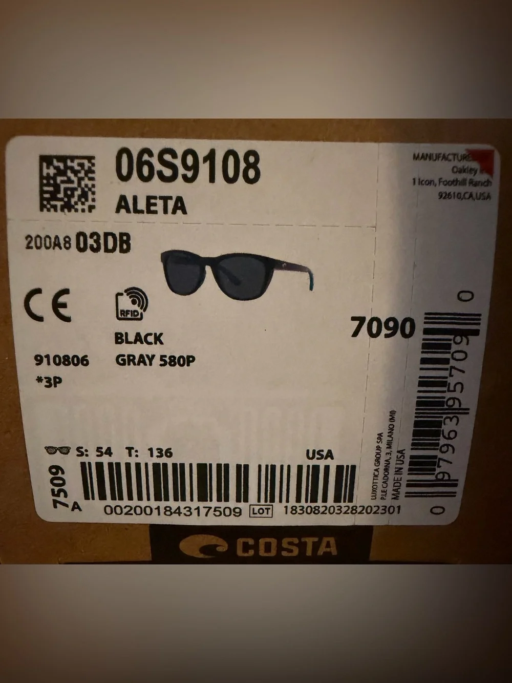 NIB Costa Del Mar Aleta Polarized Sunglasses Black Gray NEW Women’s 54-19-136